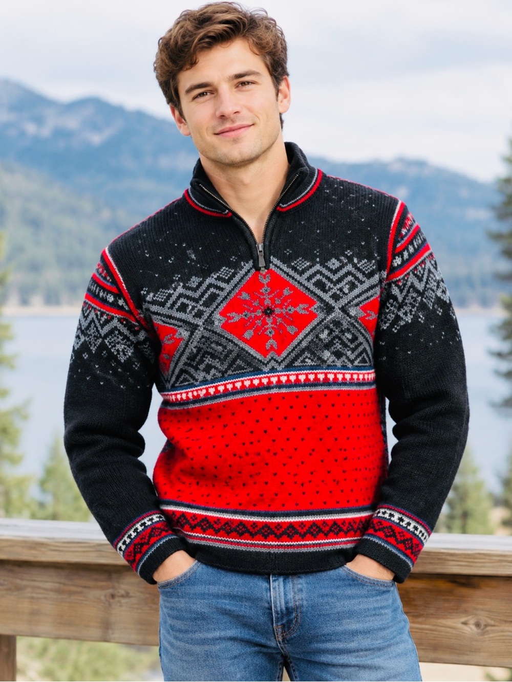 Dale of Norway 100% Wool Red & Black Nordic 1/4-Zip Geometric Design Ski Sweater